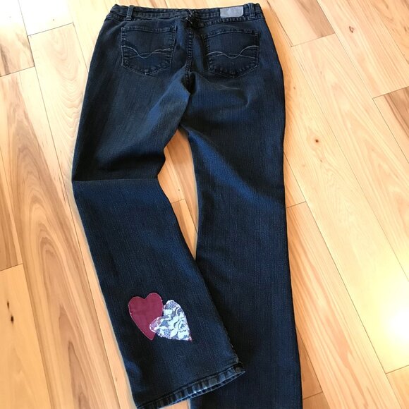 Upcycled Patchwork Jeans, Size 12:  Handmade Burgundy/Lace Patches, Black Denim - Picture 13 of 13